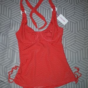NWT Curvy Kate Plain Sailing Halter Tankiki Top, UK 32F, red w/ white pin dots